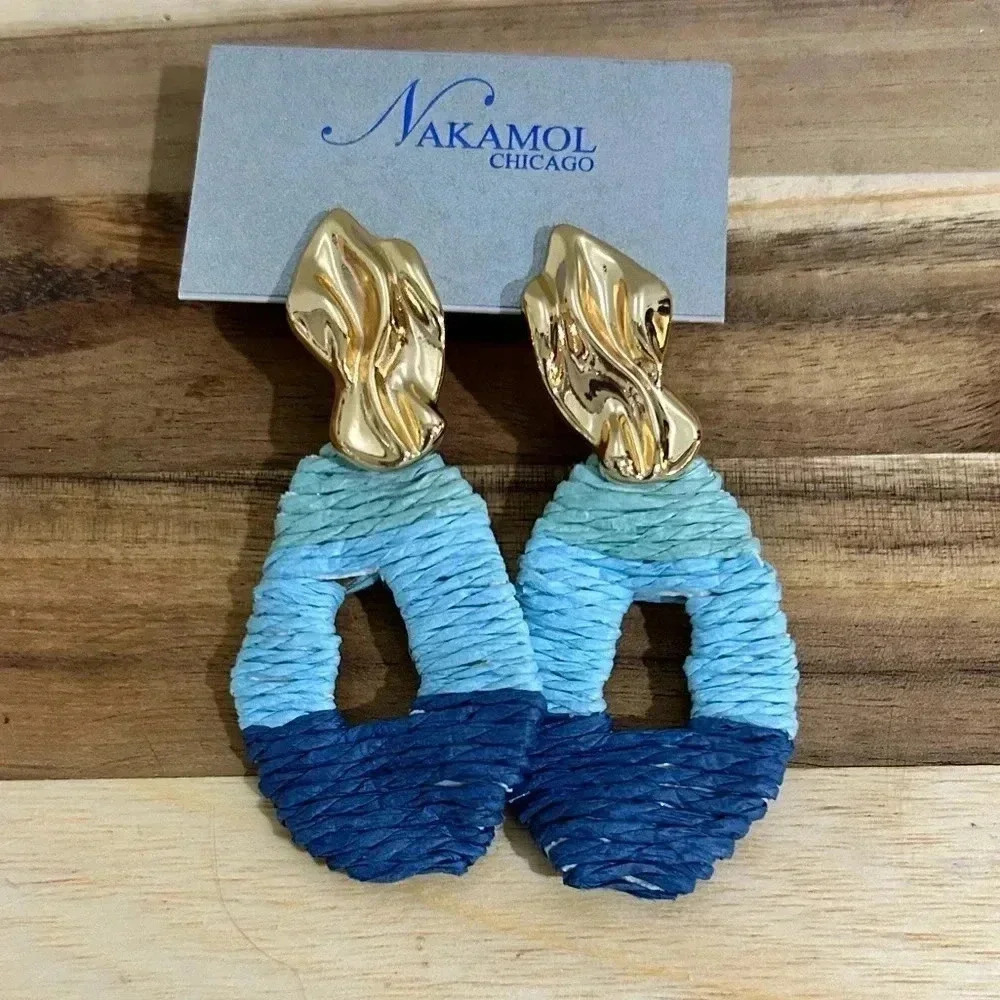 Nakamol Thailand Coastal Blues Raffia Earrings. Gold posts. Chic. Trendy. NWTS!!